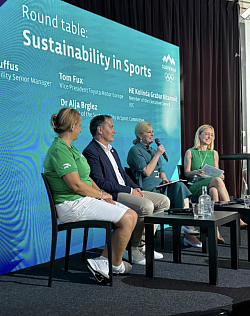 Alja Brglez hosting round table at the Paris 2024 Olympics. The panelist were Ms Kolinda Grabar Kitarović, President of the Republic of Croatia 2015-2020 and member of the IOC;  Julie Duffus, Senior Advisor for Sustainability at the IOC; and Tom Fux, Vice President of Toyota Motor Europe, Paris 2.8.2024